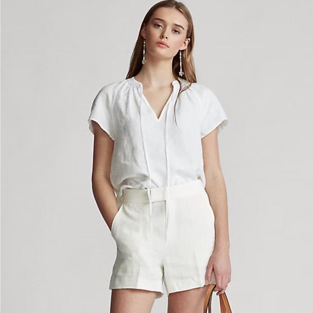 NWT Polo Ralph Lauren Crisp White Linen V-neck Tie Front Top XL